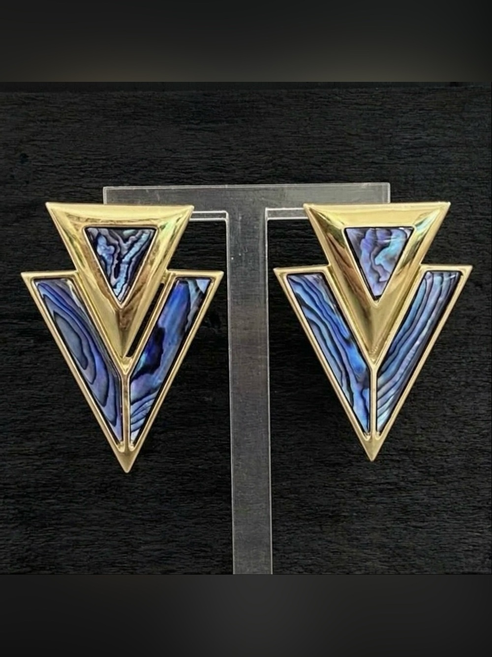 Vintage 80s Butler 14k Gold Filled Blue Abalone Triangle Door Knocker Earrings